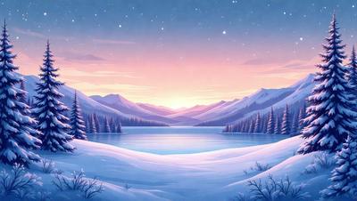 The primary subject of the image is a beautiful snowy mountain landscape. The setting is a serene winter scene with a lake and a mountain range in the background. The visual style is a combination of digital art and illustration, creating a stunning and realistic representation of the snowy mountain range. The colors and mood of the image are predominantly white and blue, giving it a calm and peaceful atmosphere.